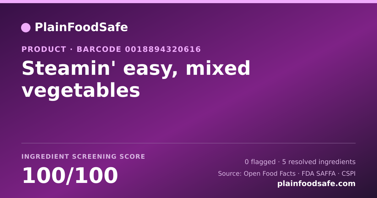 Share card for Steamin' easy, mixed vegetables Food Ingredient Profile