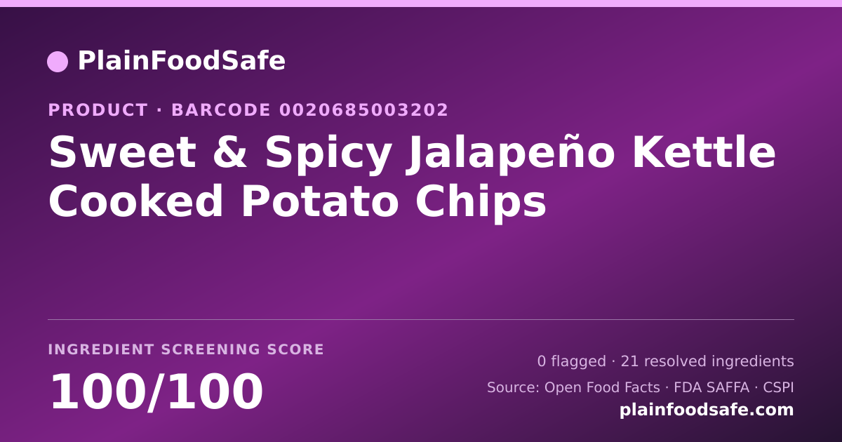 Share card for Sweet & Spicy Jalapeño Kettle Cooked Potato Chips Food Ingredient Profile