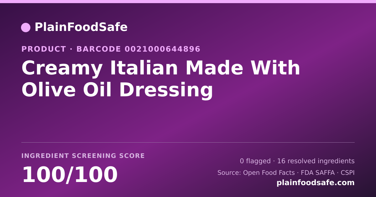 Share card for Creamy Italian Made With Olive Oil Dressing Food Ingredient Profile