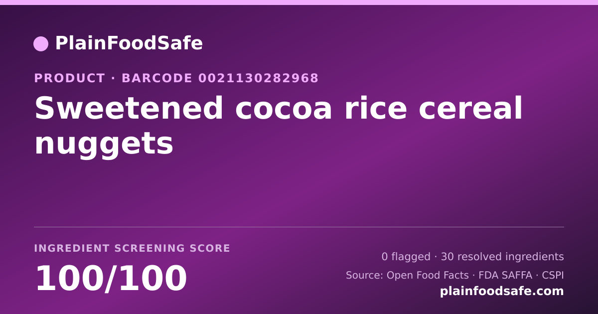 Share card for Sweetened cocoa rice cereal nuggets Food Ingredient Profile