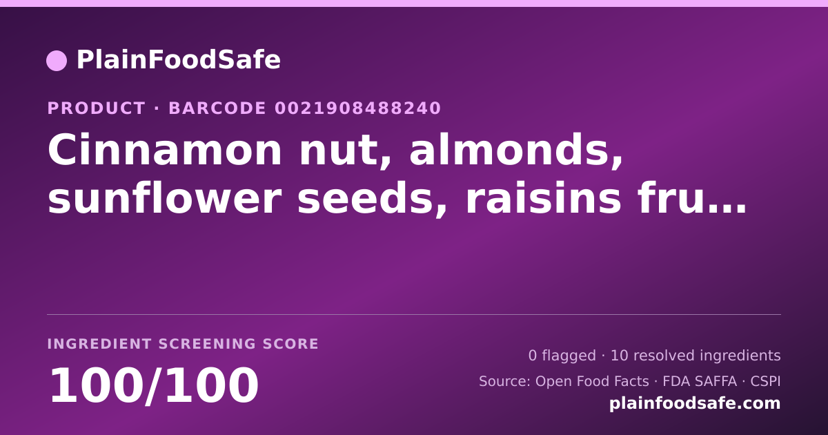 Share card for Cinnamon nut, almonds, sunflower seeds, raisins fruit nut & seed mix, cinnamon nut, almonds, sunflower seeds, raisins Food Ingredient Profile