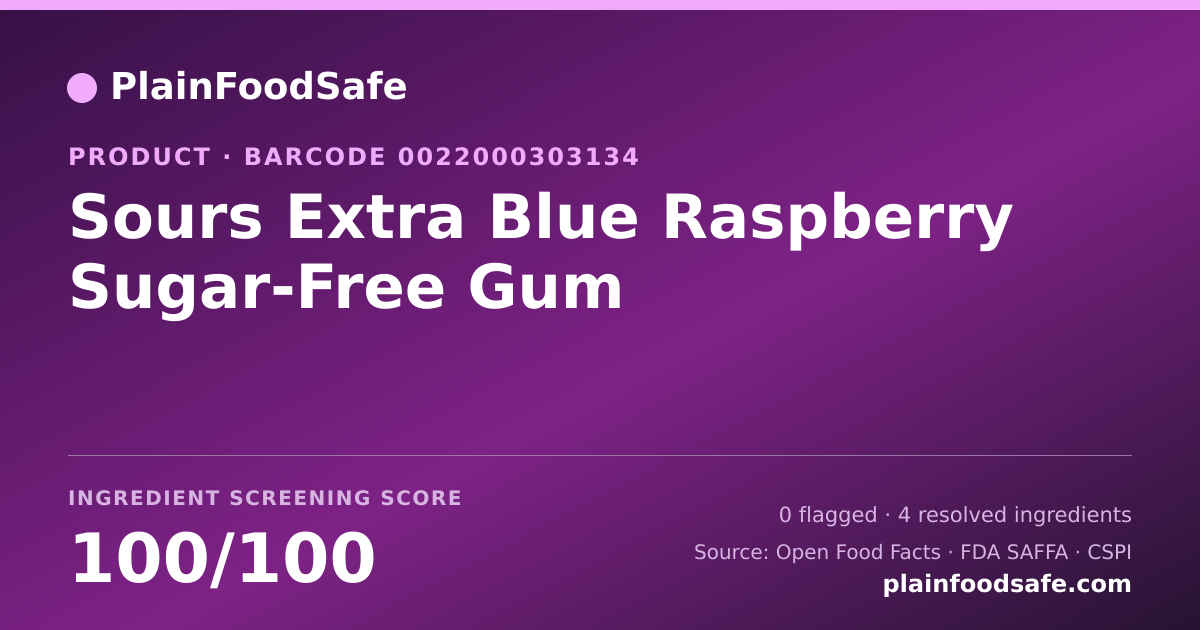 Share card for Sours Extra Blue Raspberry Sugar-Free Gum Food Ingredient Profile