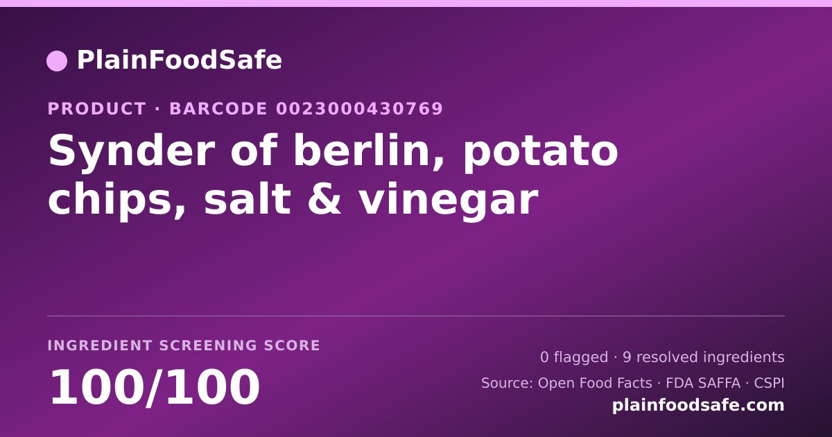 Share card for Synder of berlin, potato chips, salt & vinegar Food Ingredient Profile