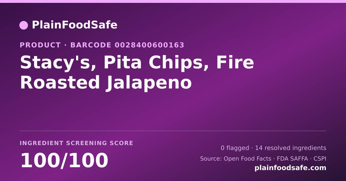 Share card for Stacy's, Pita Chips, Fire Roasted Jalapeno Food Ingredient Profile