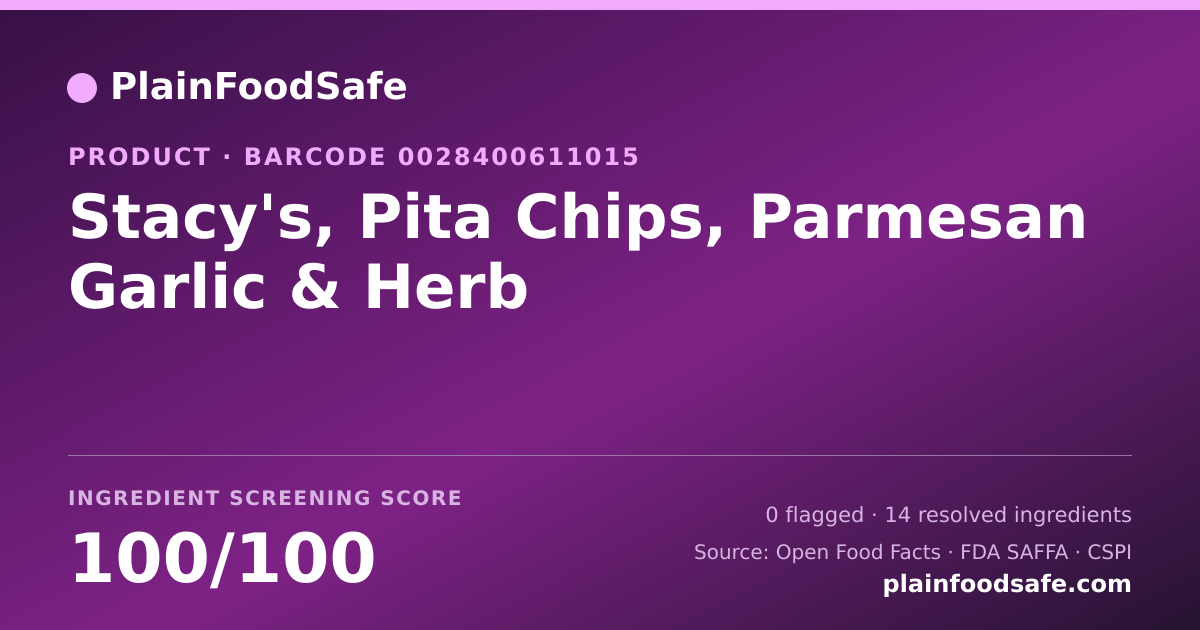 Share card for Stacy's, Pita Chips, Parmesan Garlic & Herb Food Ingredient Profile