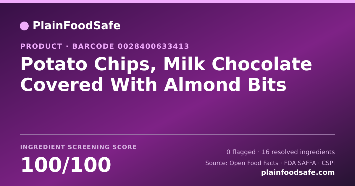 Share card for Potato Chips, Milk Chocolate Covered With Almond Bits Food Ingredient Profile