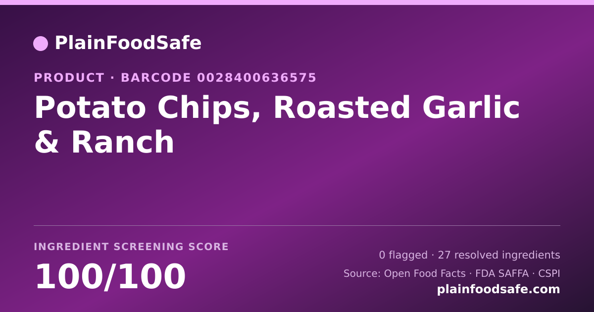 Share card for Potato Chips, Roasted Garlic & Ranch Food Ingredient Profile