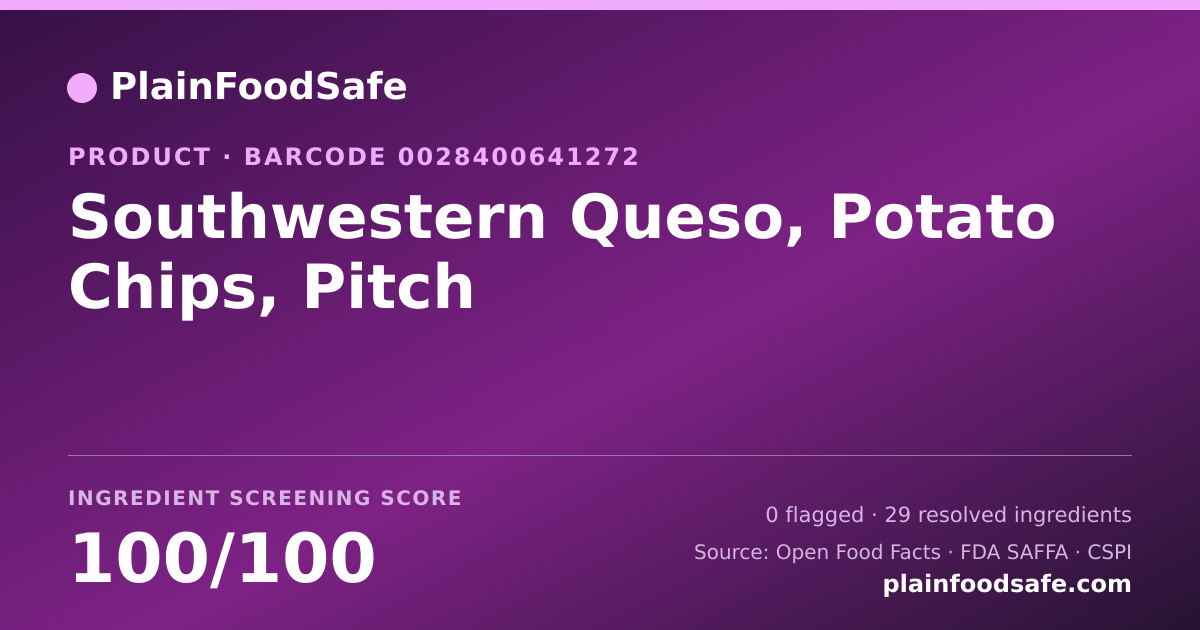 Share card for Southwestern Queso, Potato Chips, Pitch Food Ingredient Profile