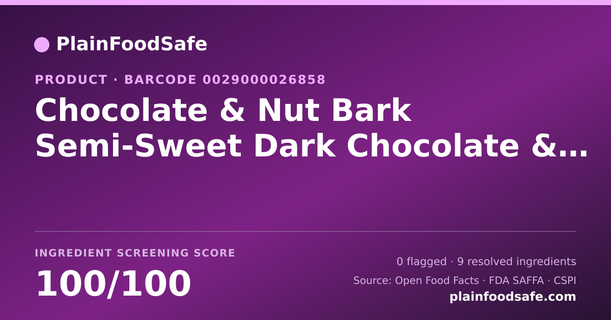 Share card for Chocolate & Nut Bark Semi-Sweet Dark Chocolate & Almond With Sea Salt, Chocolate & Nut Bark Food Ingredient Profile