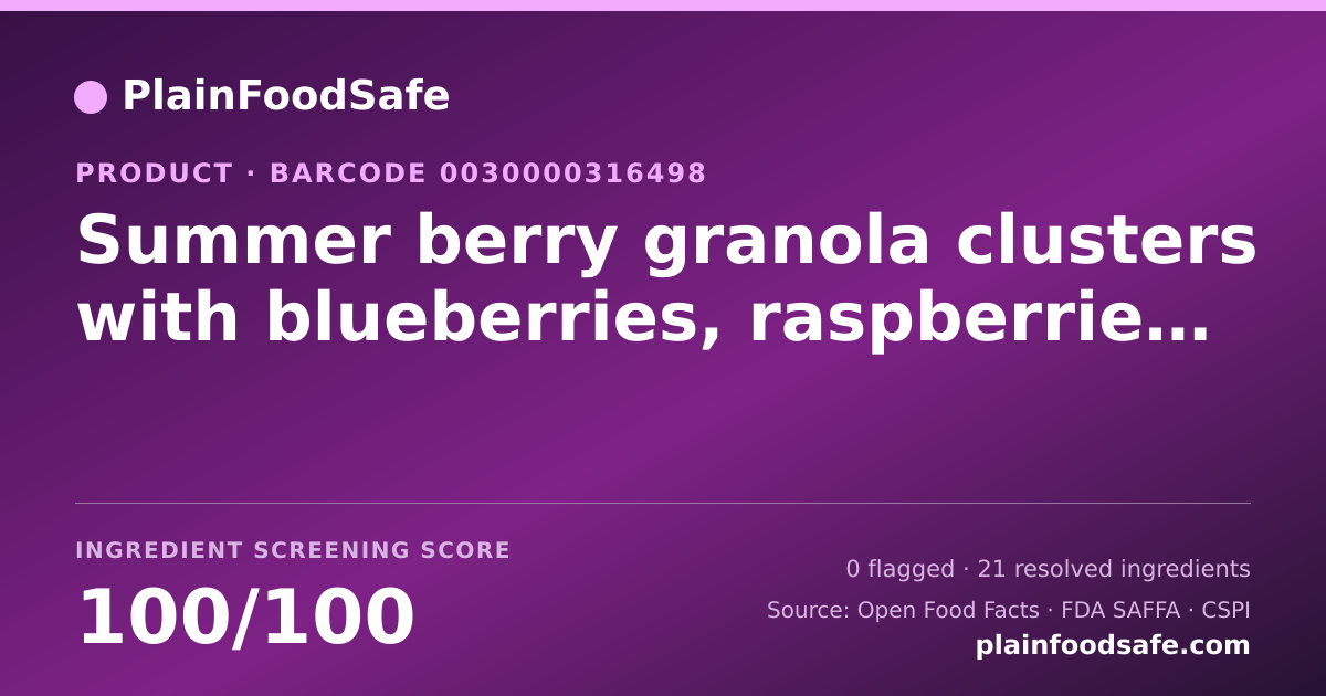 Share card for Summer berry granola clusters with blueberries, raspberries, and strawberries, summer berry Food Ingredient Profile