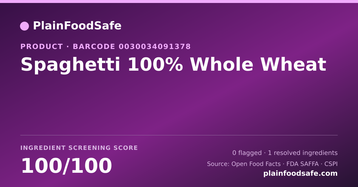 Share card for Spaghetti 100% Whole Wheat Food Ingredient Profile