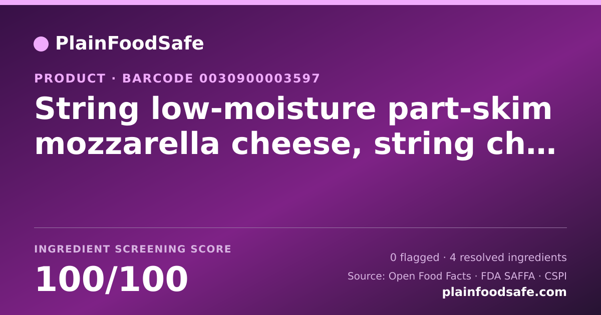 Share card for String low-moisture part-skim mozzarella cheese, string cheese Food Ingredient Profile