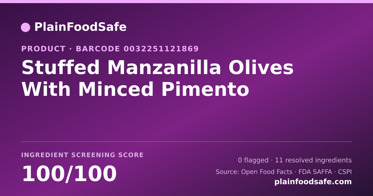 Share card for Stuffed Manzanilla Olives With Minced Pimento Food Ingredient Profile