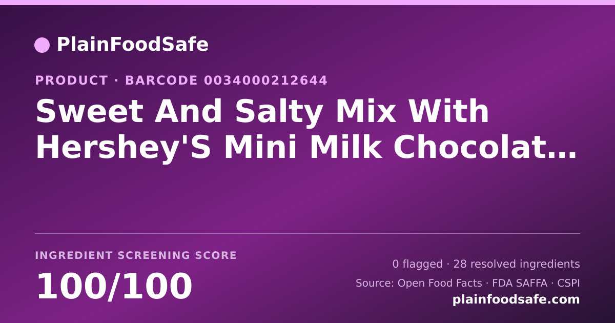 Share card for Sweet And Salty Mix With Hershey'S Mini Milk Chocolate Bars, Pretzels And Almonds Snack Mix, Sweet And Salty Food Ingredient Profile