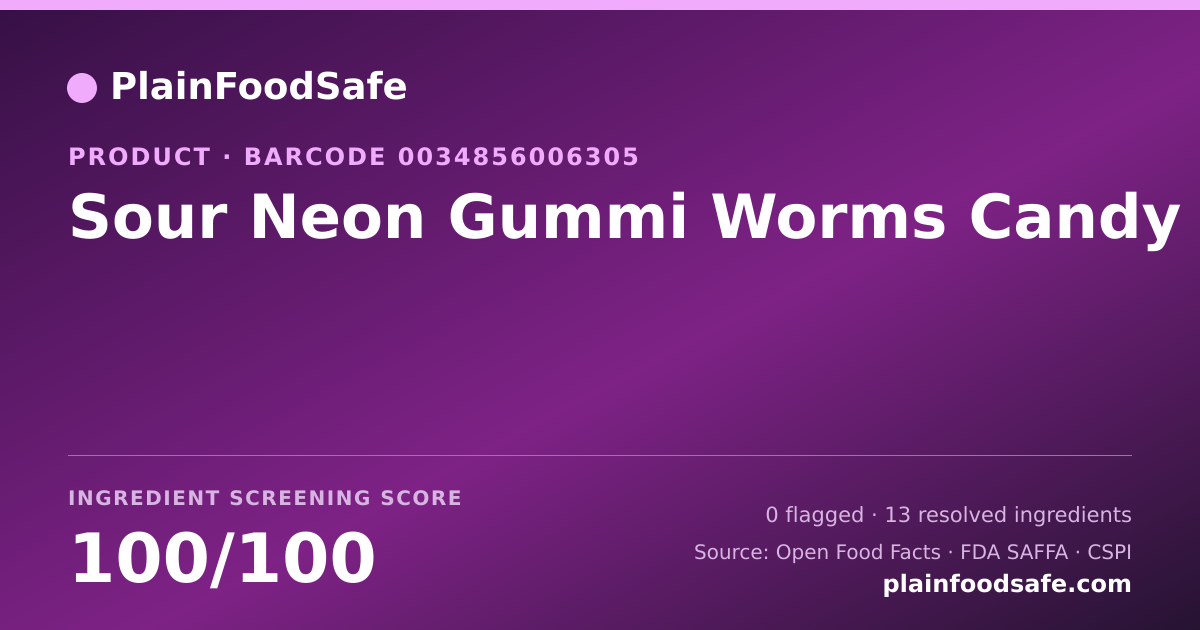 Share card for Sour Neon Gummi Worms Candy Food Ingredient Profile