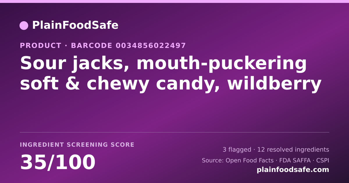 Share card for Sour jacks, mouth-puckering soft & chewy candy, wildberry Food Ingredient Profile