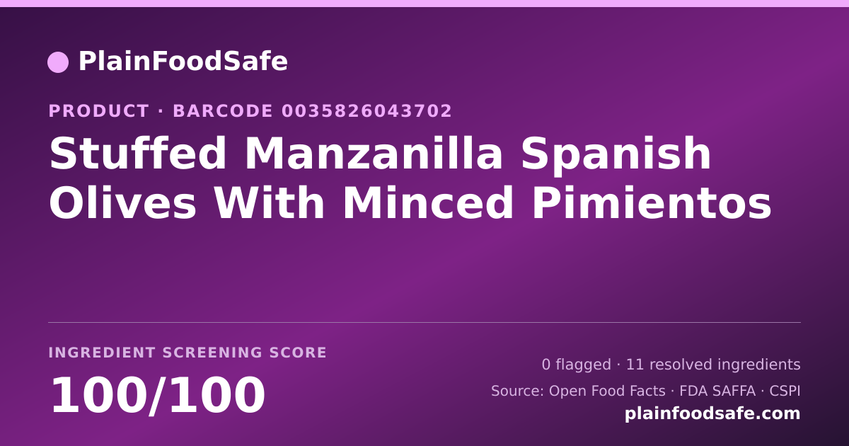 Share card for Stuffed Manzanilla Spanish Olives With Minced Pimientos Food Ingredient Profile