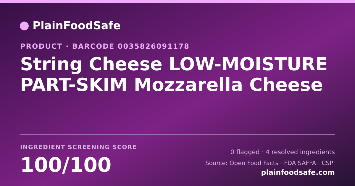 Share card for String Cheese LOW-MOISTURE PART-SKIM Mozzarella Cheese Food Ingredient Profile