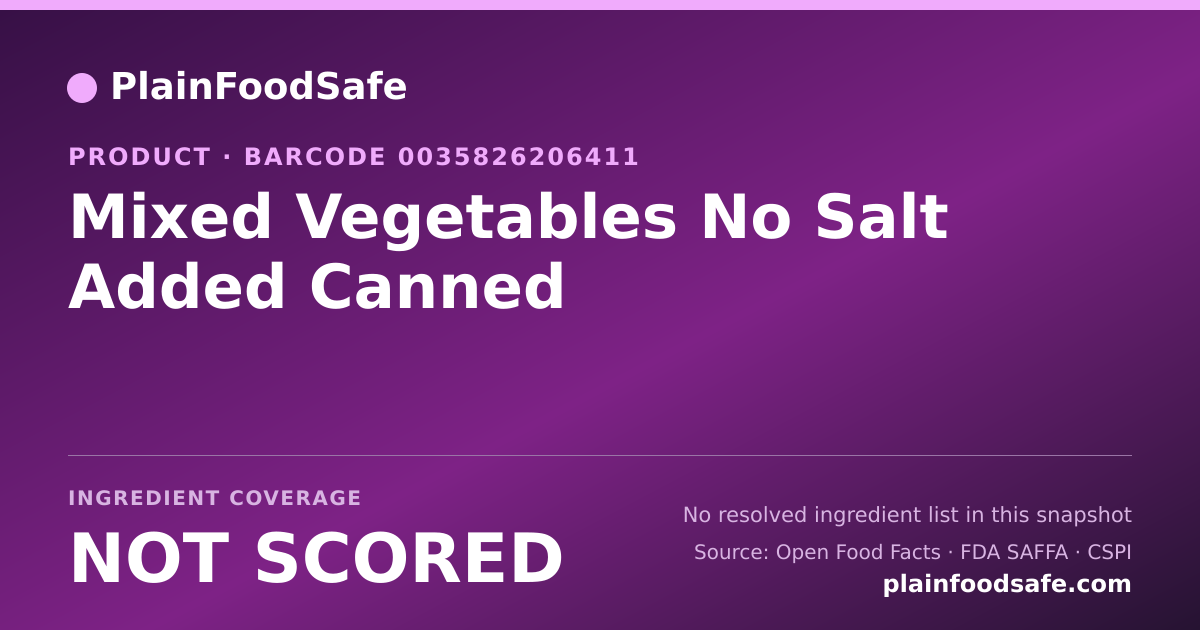 Share card for Mixed Vegetables No Salt Added Canned Food Ingredient Profile