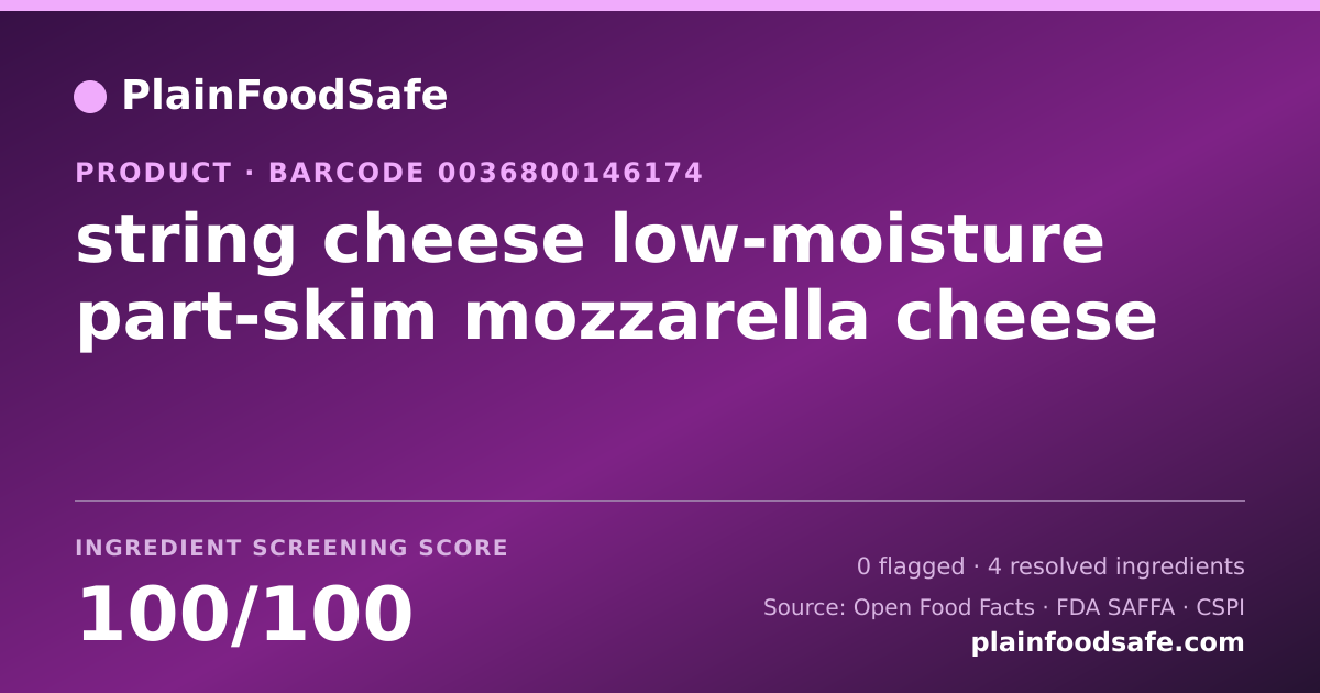 Share card for string cheese low-moisture part-skim mozzarella cheese Food Ingredient Profile