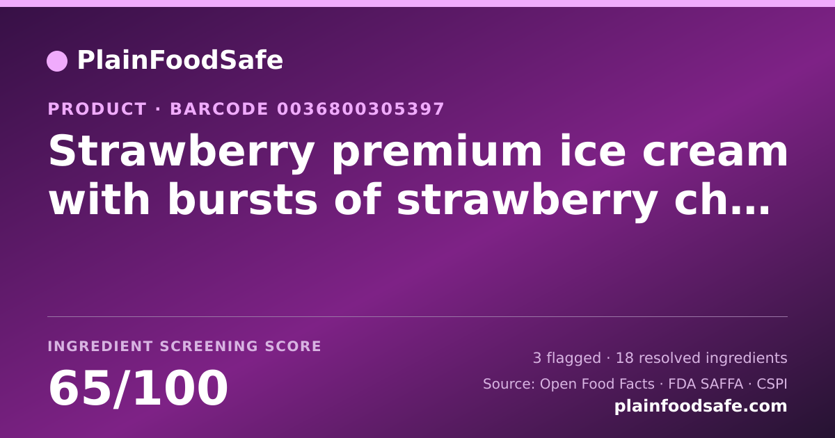 Share card for Strawberry premium ice cream with bursts of strawberry chunks, strawberry Food Ingredient Profile