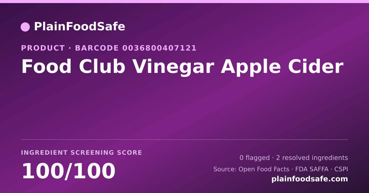 Share card for Food Club Vinegar Apple Cider Food Ingredient Profile