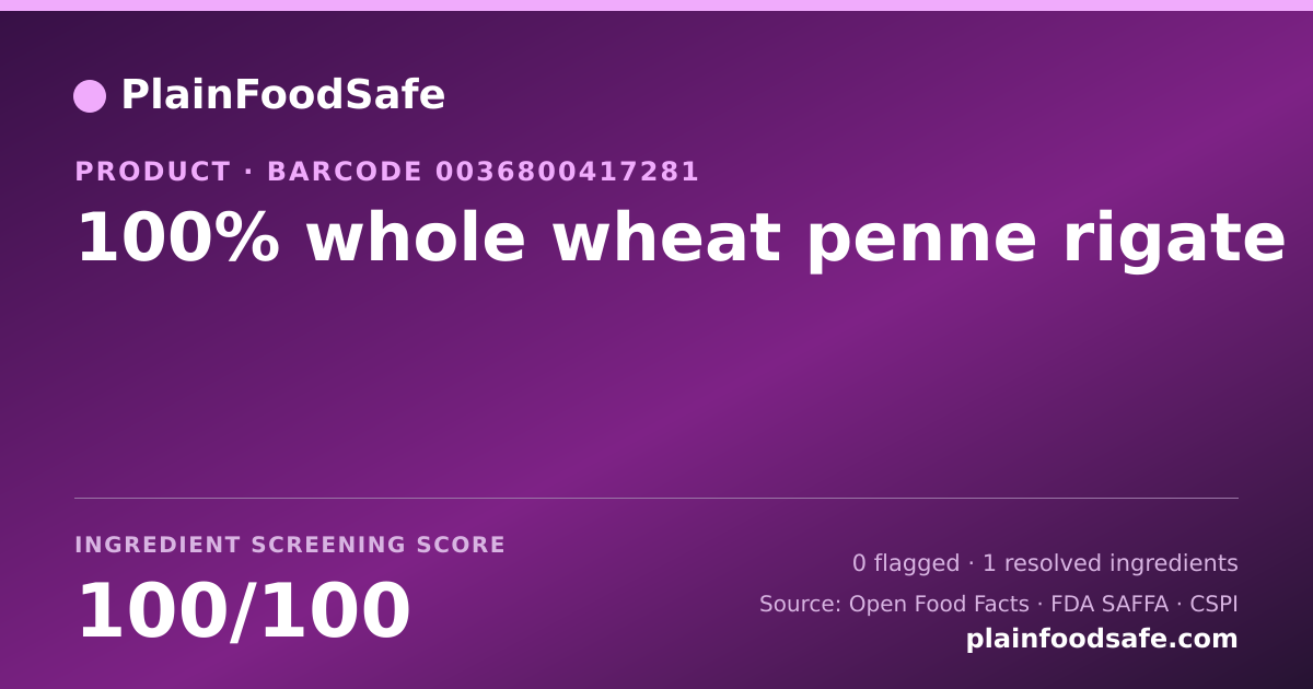 Share card for 100% whole wheat penne rigate Food Ingredient Profile