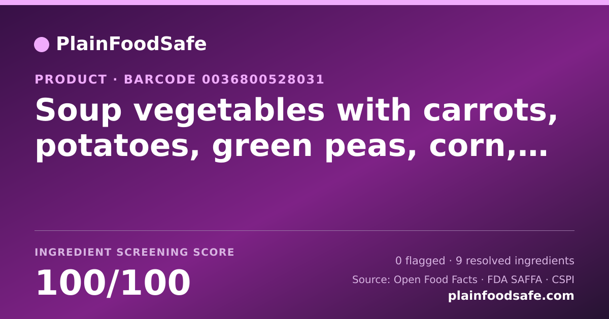 Share card for Soup vegetables with carrots, potatoes, green peas, corn, lima beans, okra, green beans, celery & onions, soup Food Ingredient Profile
