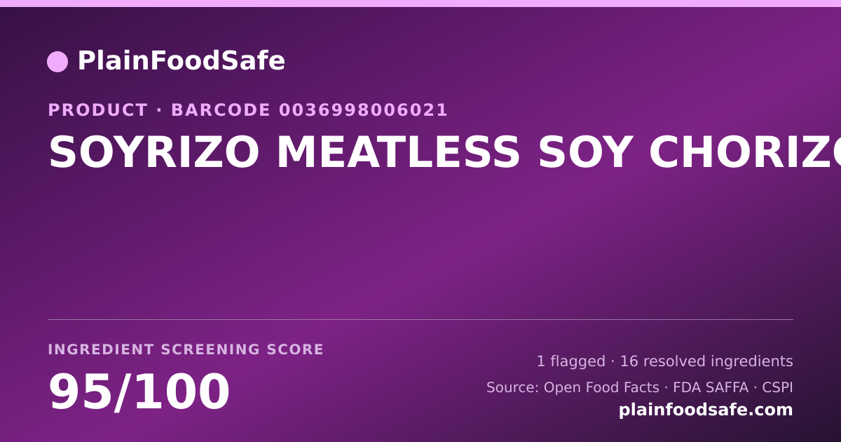 Share card for SOYRIZO MEATLESS SOY CHORIZO Food Ingredient Profile