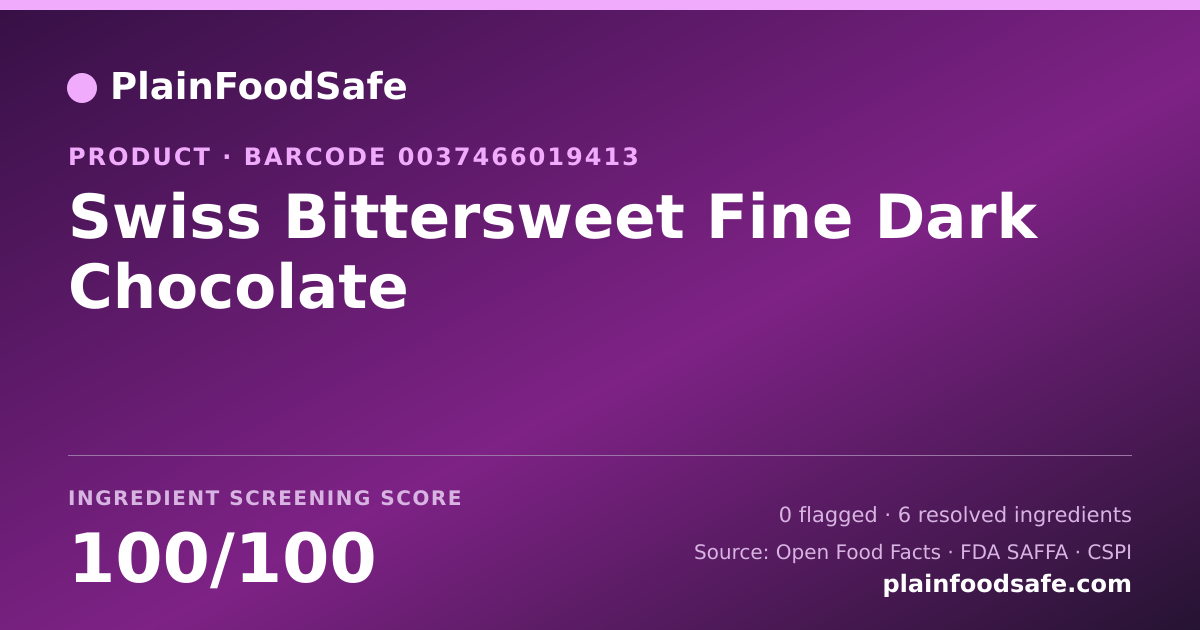 Share card for Swiss Bittersweet Fine Dark Chocolate Food Ingredient Profile