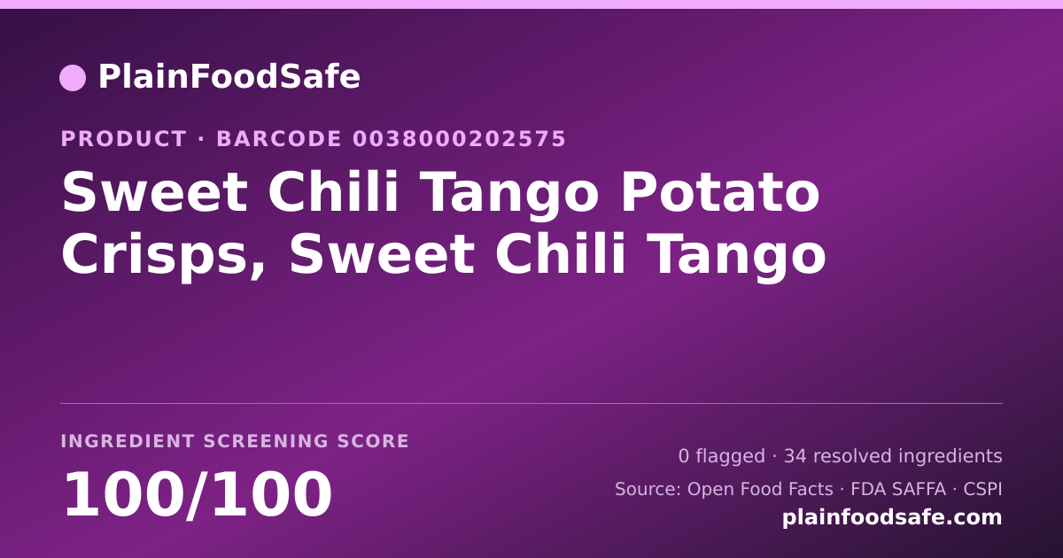 Share card for Sweet Chili Tango Potato Crisps, Sweet Chili Tango Food Ingredient Profile