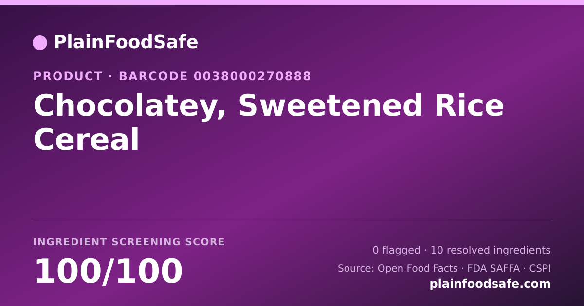 Share card for Chocolatey, Sweetened Rice Cereal Food Ingredient Profile