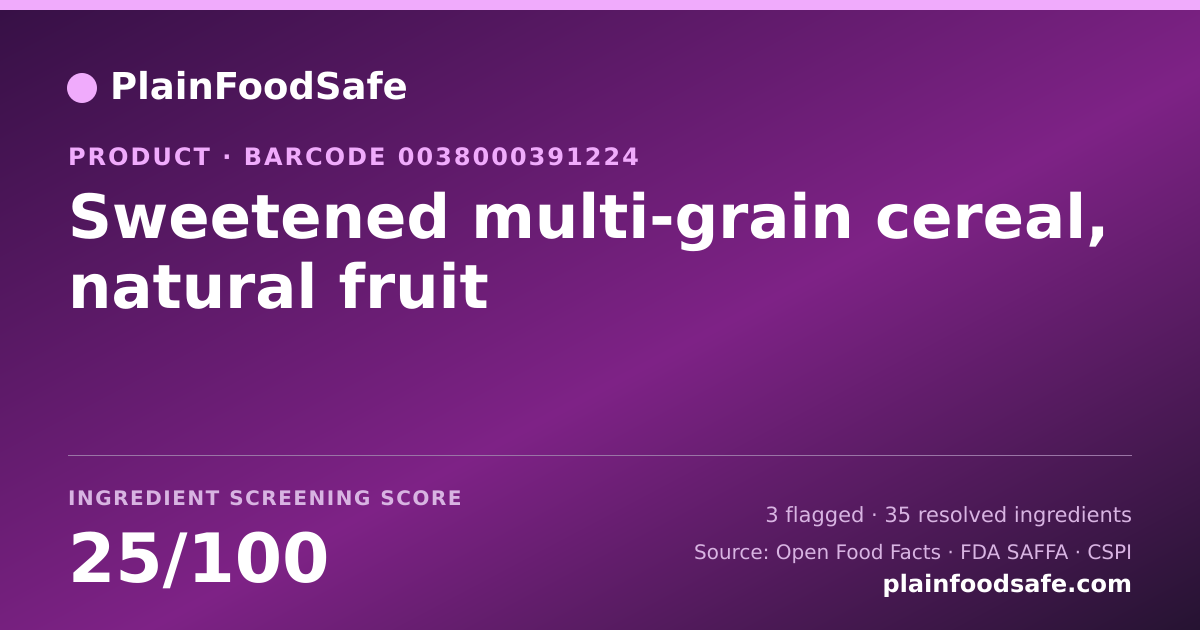 Share card for Sweetened multi-grain cereal, natural fruit Food Ingredient Profile