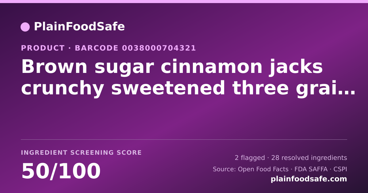 Share card for Brown sugar cinnamon jacks crunchy sweetened three grain cereal Food Ingredient Profile