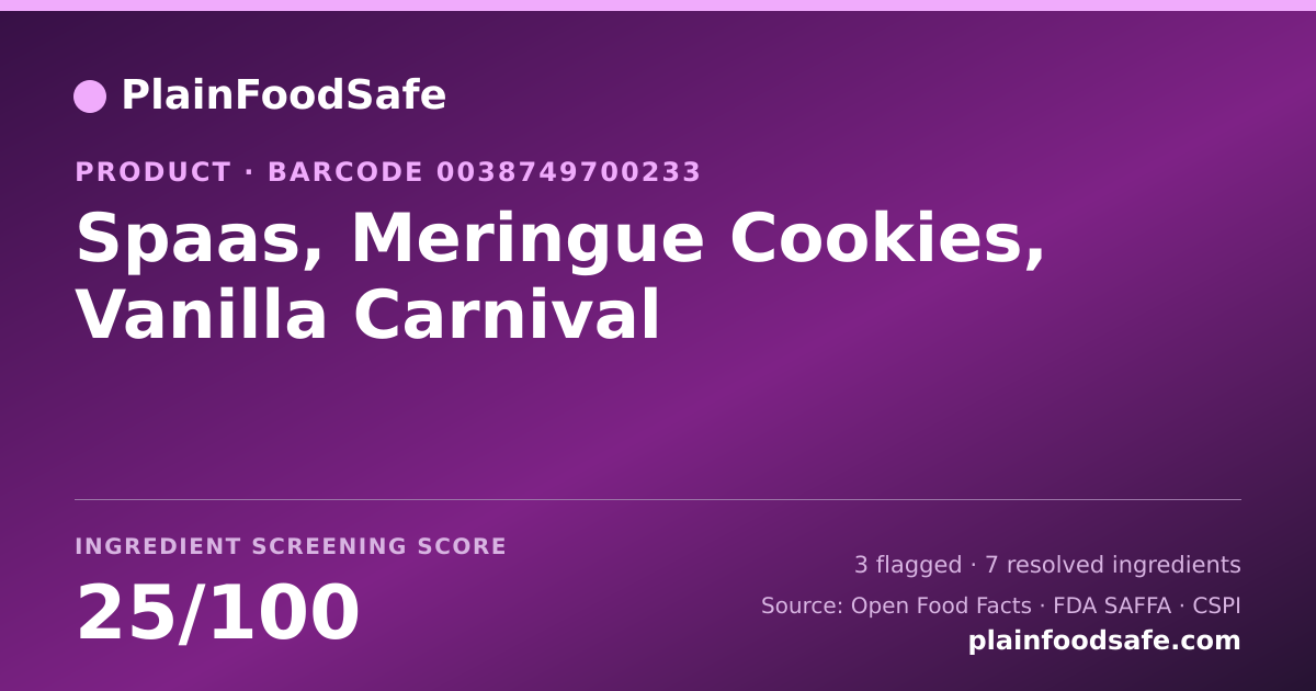Share card for Spaas, Meringue Cookies, Vanilla Carnival Food Ingredient Profile