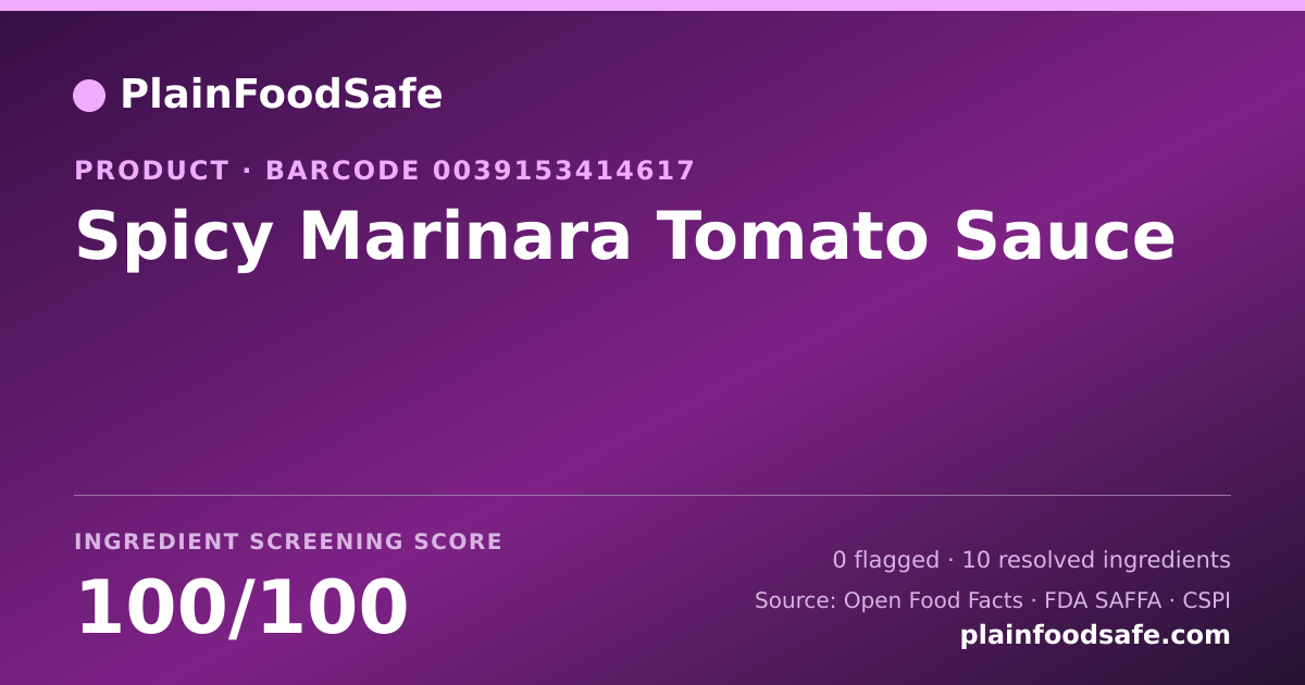 Share card for Spicy Marinara Tomato Sauce Food Ingredient Profile