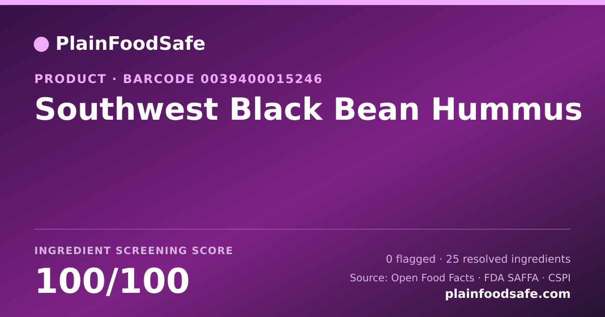 Share card for Southwest Black Bean Hummus Food Ingredient Profile