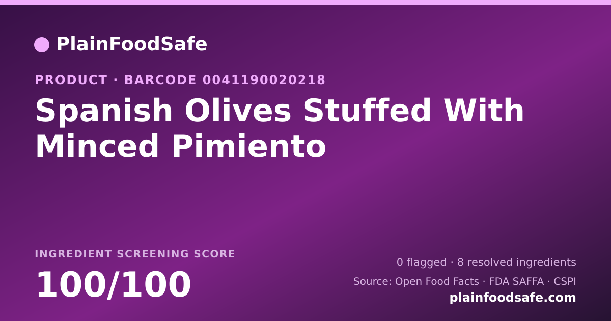 Share card for Spanish Olives Stuffed With Minced Pimiento Food Ingredient Profile