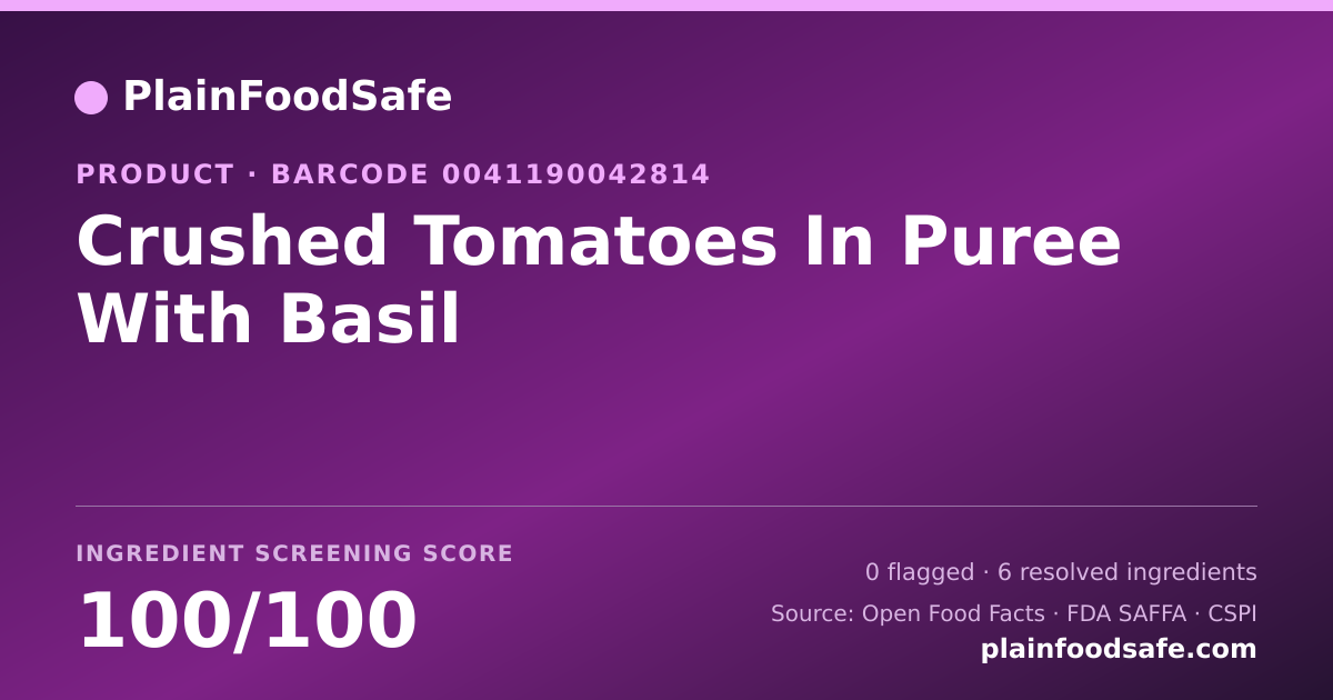 Share card for Crushed Tomatoes In Puree With Basil Food Ingredient Profile