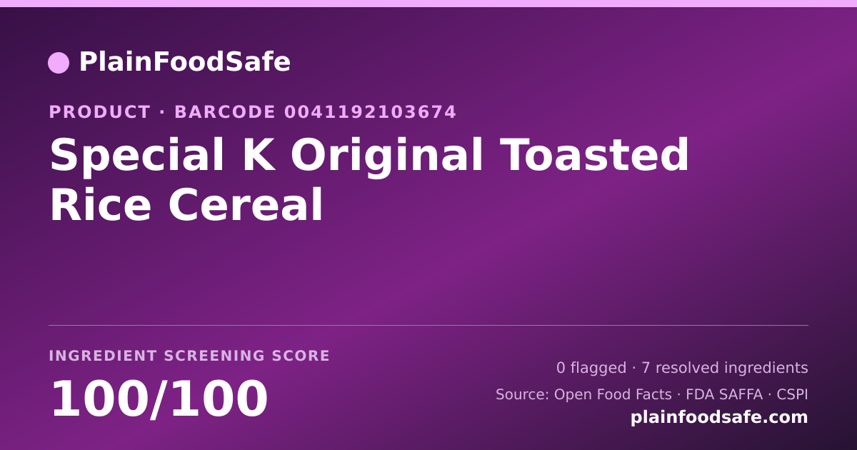 Share card for Special K Original Toasted Rice Cereal Food Ingredient Profile