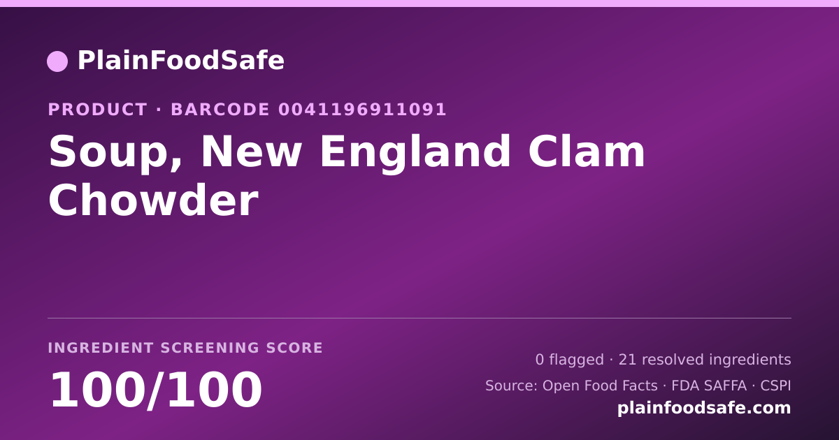 Share card for Soup, New England Clam Chowder Food Ingredient Profile
