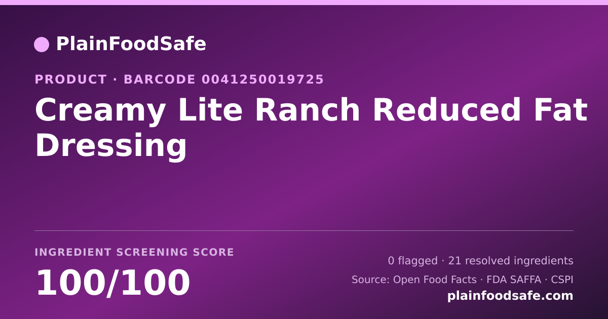 Share card for Creamy Lite Ranch Reduced Fat Dressing Food Ingredient Profile