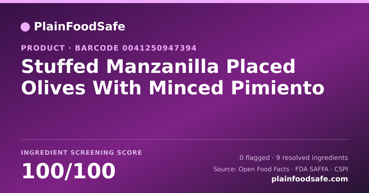 Share card for Stuffed Manzanilla Placed Olives With Minced Pimiento Food Ingredient Profile