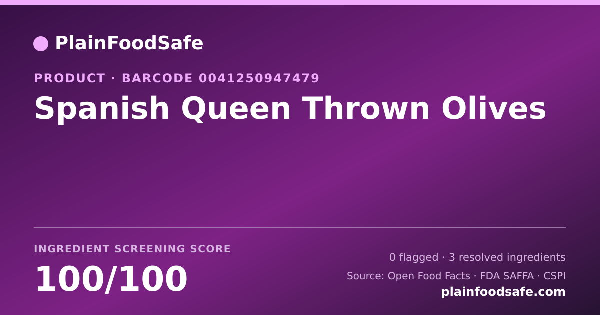 Share card for Spanish Queen Thrown Olives Food Ingredient Profile