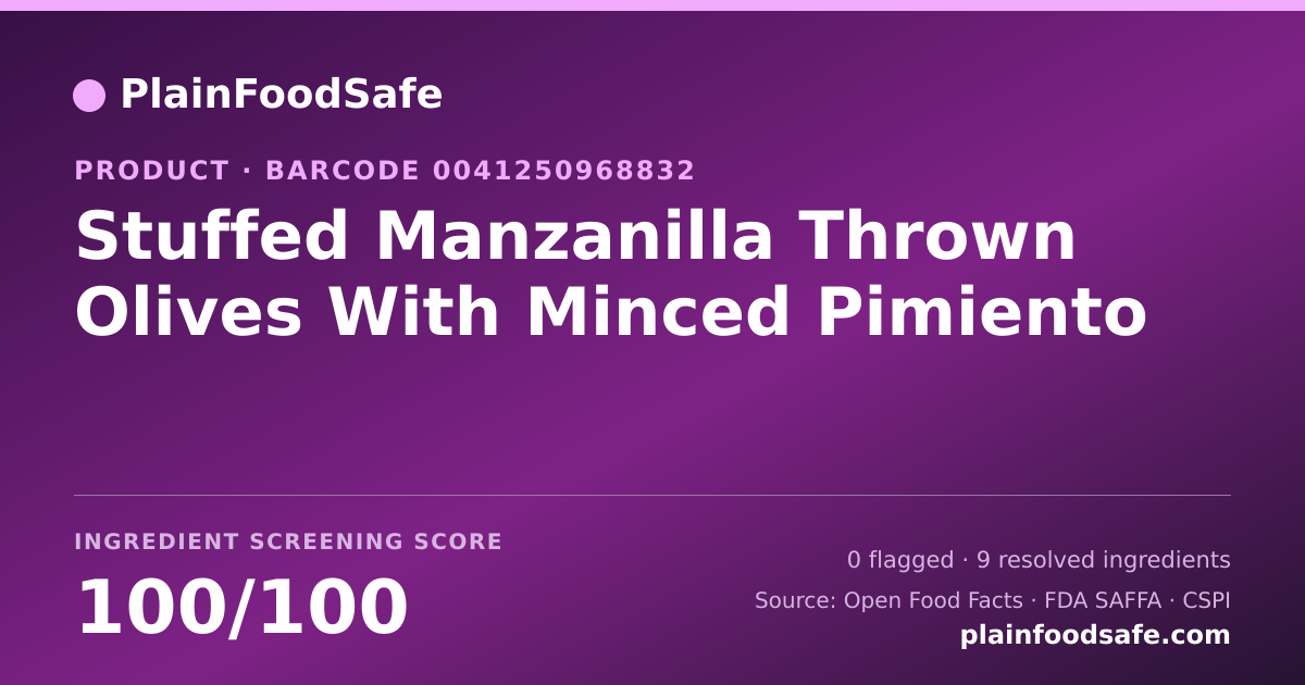 Share card for Stuffed Manzanilla Thrown Olives With Minced Pimiento Food Ingredient Profile