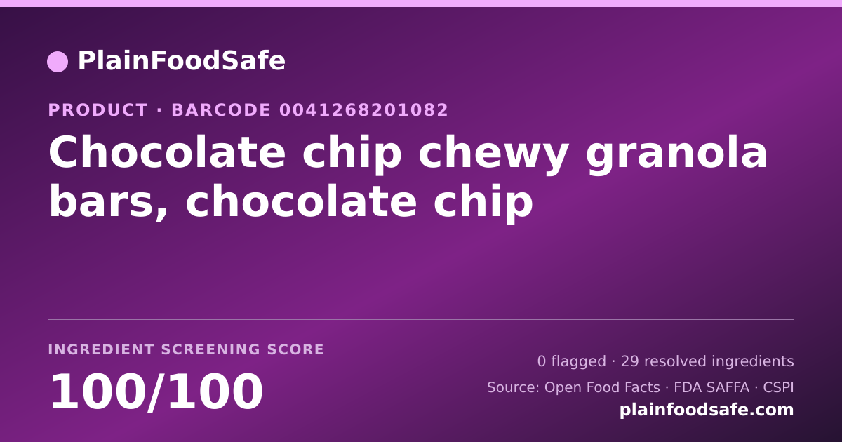 Share card for Chocolate chip chewy granola bars, chocolate chip Food Ingredient Profile