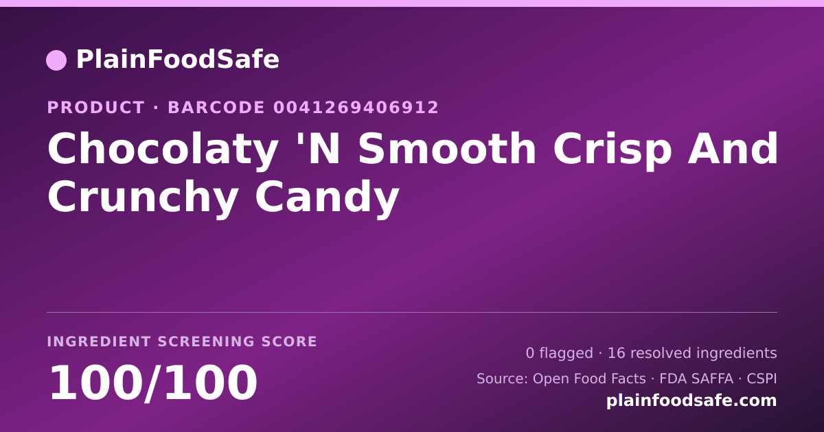 Share card for Chocolaty 'N Smooth Crisp And Crunchy Candy Food Ingredient Profile