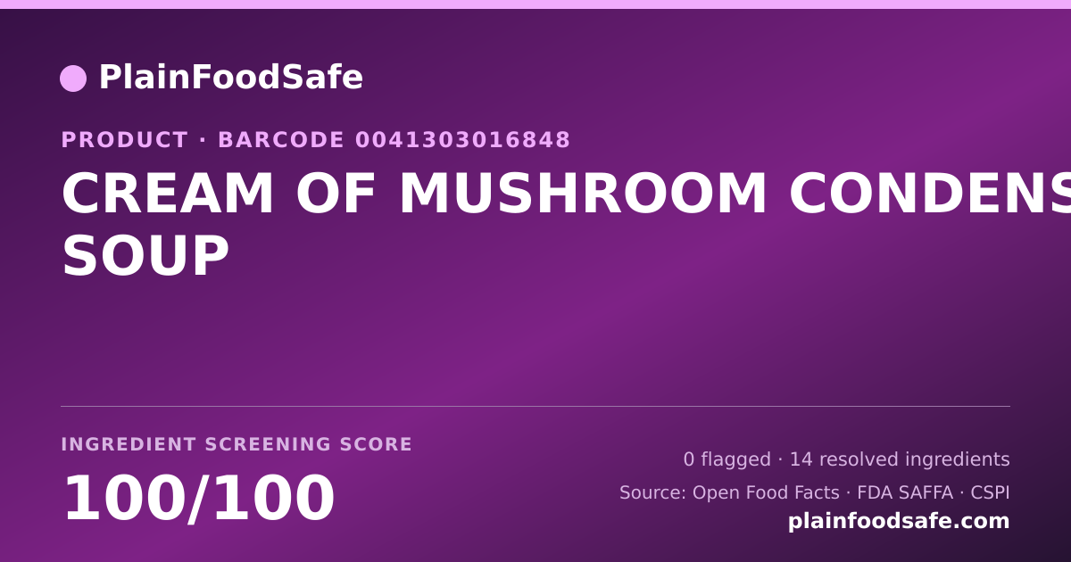 Share card for CREAM OF MUSHROOM CONDENSED SOUP Food Ingredient Profile