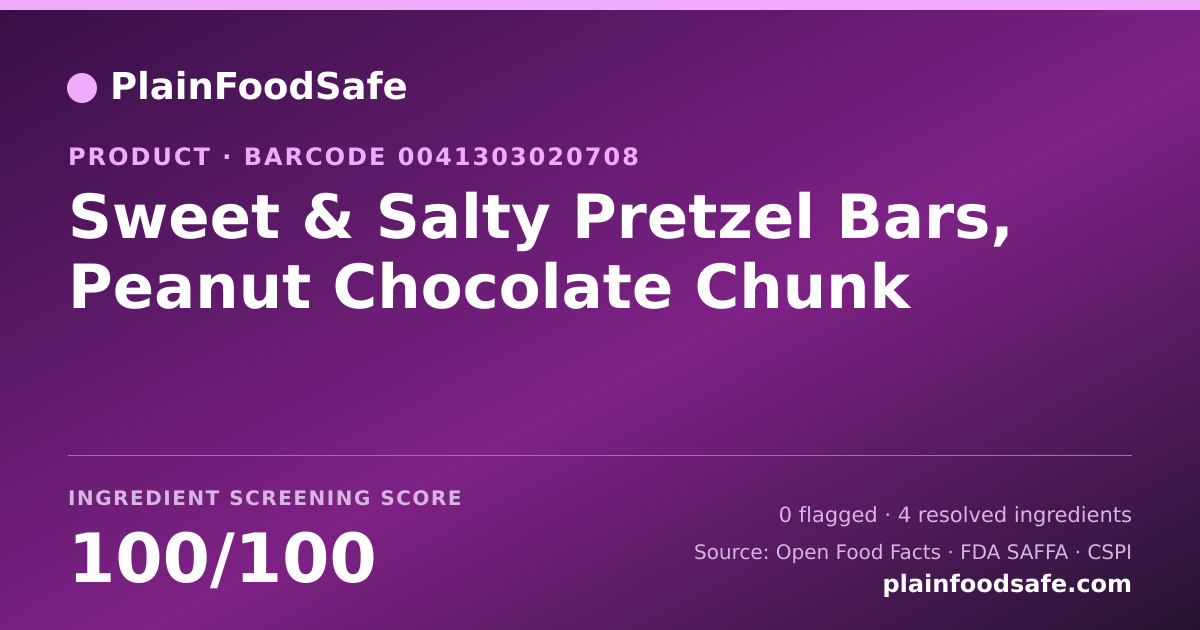 Share card for Sweet & Salty Pretzel Bars, Peanut Chocolate Chunk Food Ingredient Profile