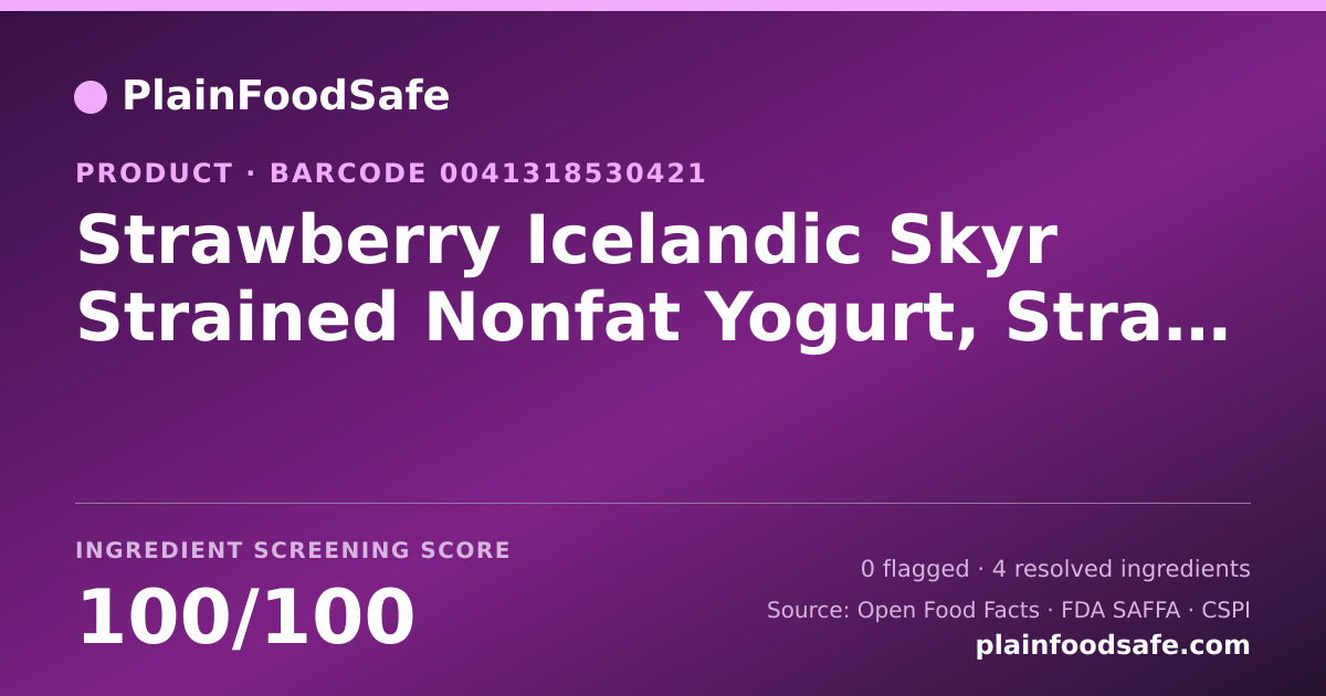 Share card for Strawberry Icelandic Skyr Strained Nonfat Yogurt, Strawberry Food Ingredient Profile